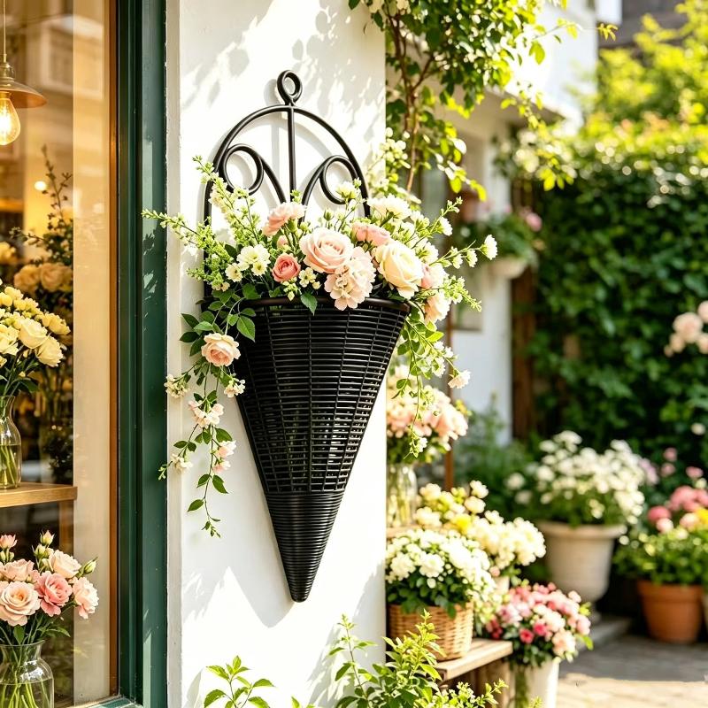Hanging Planter Basket - 吊り下げ式コーン型ウォールプランターバスケット、模造ラタン製、多色展開、バルコニーやリビングルームの壁面装飾に最適