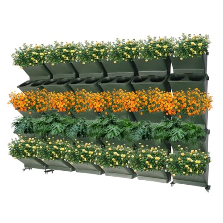 Vertical Wall Planter - バルコニーや庭用の垂直壁掛けプランター、耐久性のある生地製、グレー色、60個の自動給水ポケット付き、積み重ね可能 F