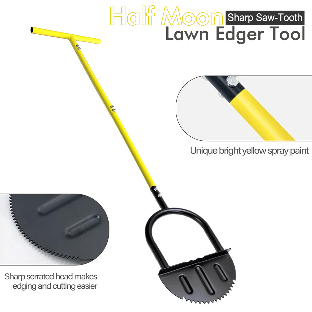 Gardening Tools Long - ハーフムーン芝生エッジャー（ロングハンドル付き）– カーボンスチール製手動エッジングツール（庭の芝生トリミング用）、T字型グラスボーダーカッター