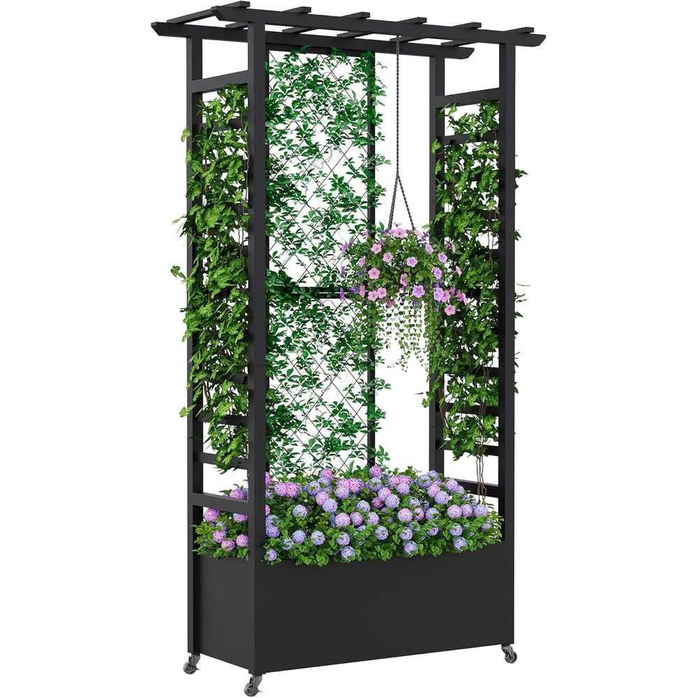 トレリスと吊り下げバスケット付きの高床式菜園、車輪付き金属製 - Hanging Planter Basket のレビューと価格