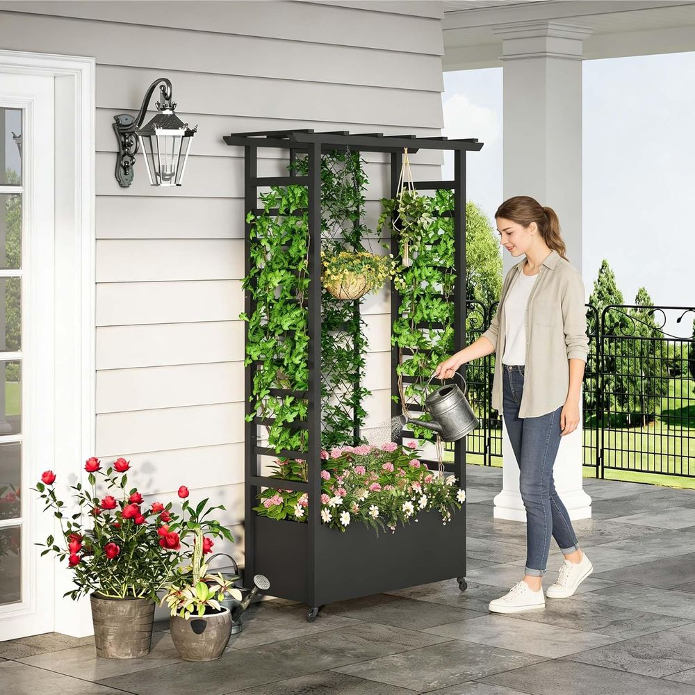 トレリスと吊り下げバスケット付きの高床式菜園、車輪付き金属製 - Hanging Planter Basket のレビューと価格