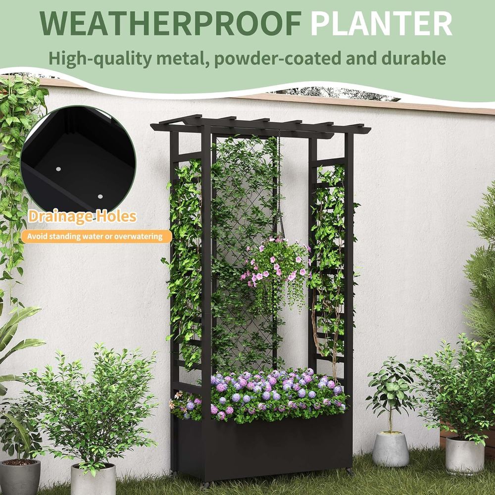 トレリスと吊り下げバスケット付きの高床式菜園、車輪付き金属製 - Hanging Planter Basket のレビューと価格